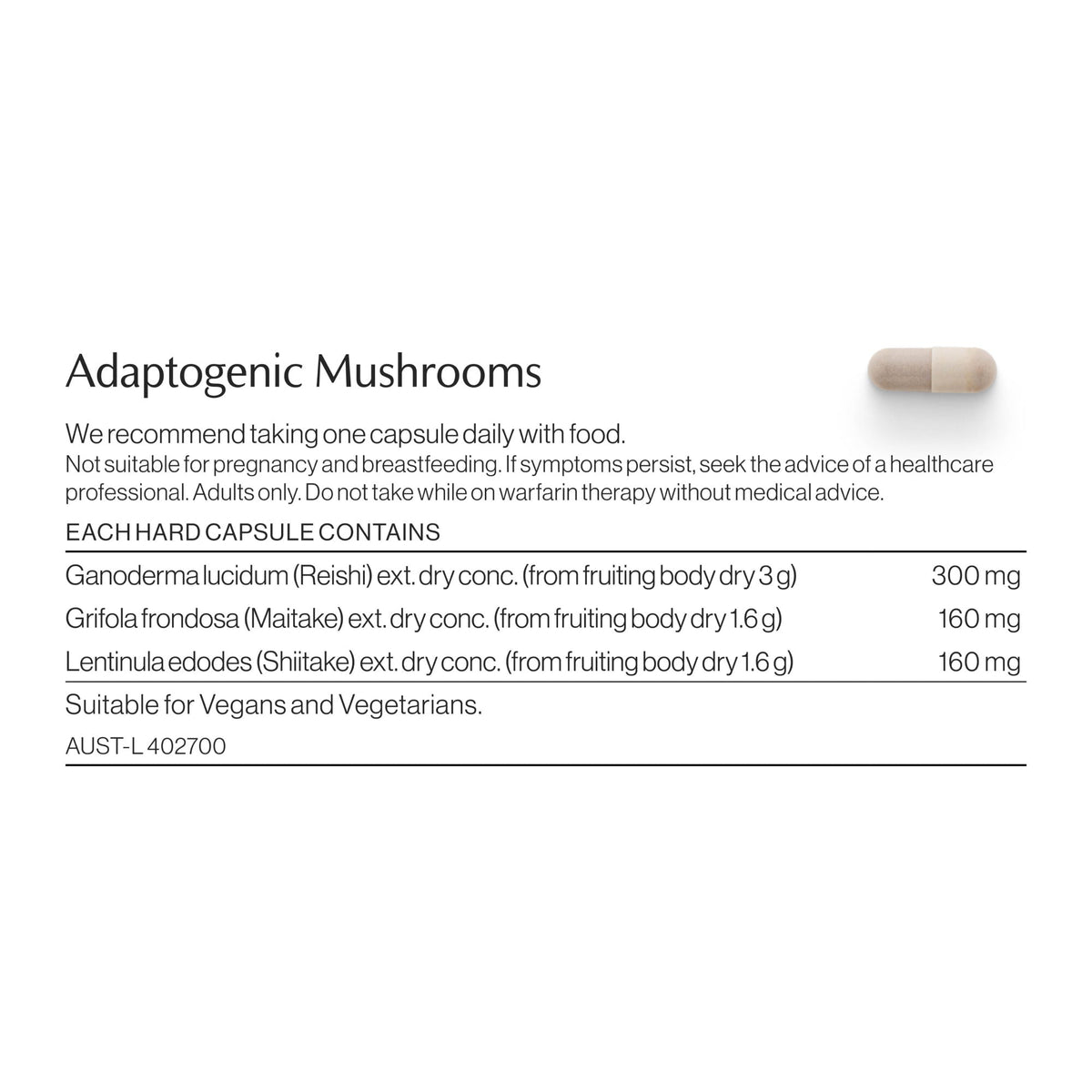 Adaptogenic Mushrooms ingredients and nutritional information label