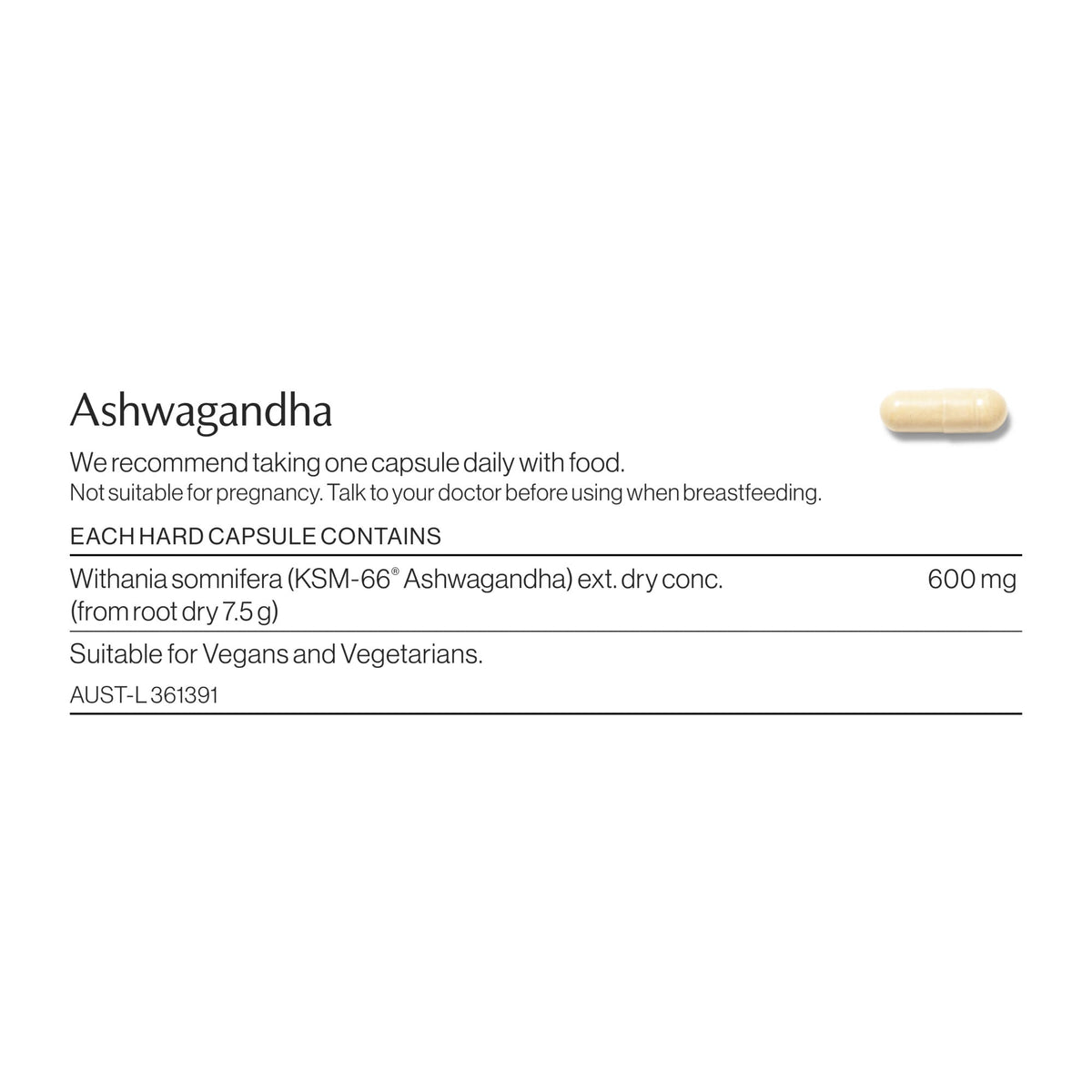 Ashwagandha ingredients and nutritional information label