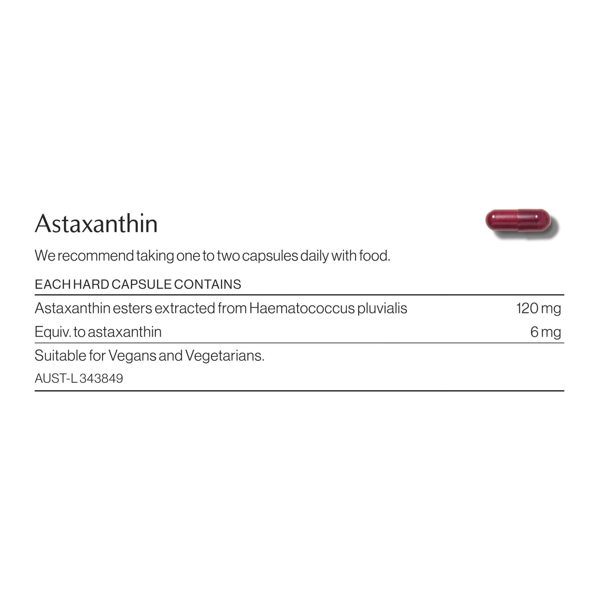 Astaxanthin ingredients and nutritional information label