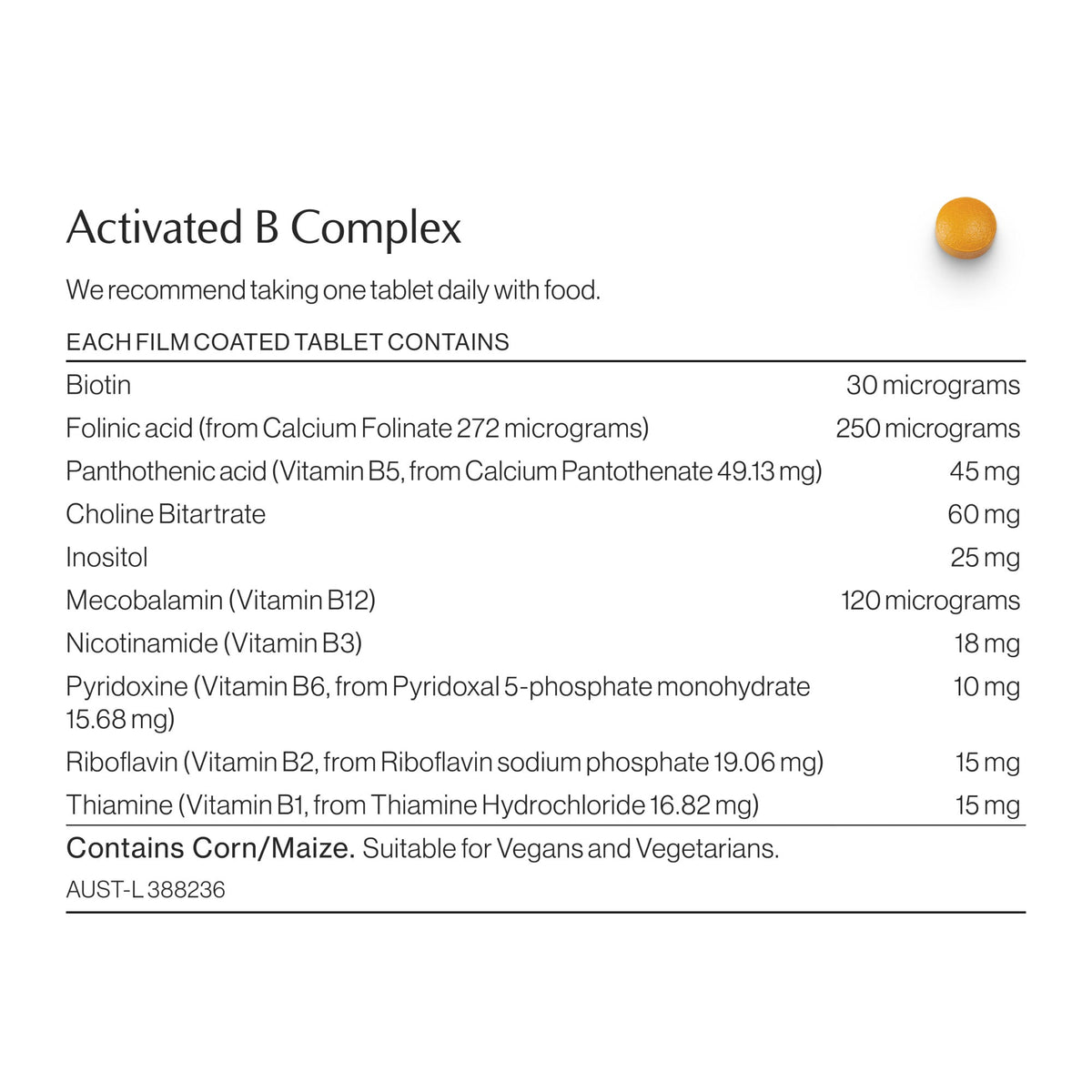 Activated B Complex ingredients and nutritional information label