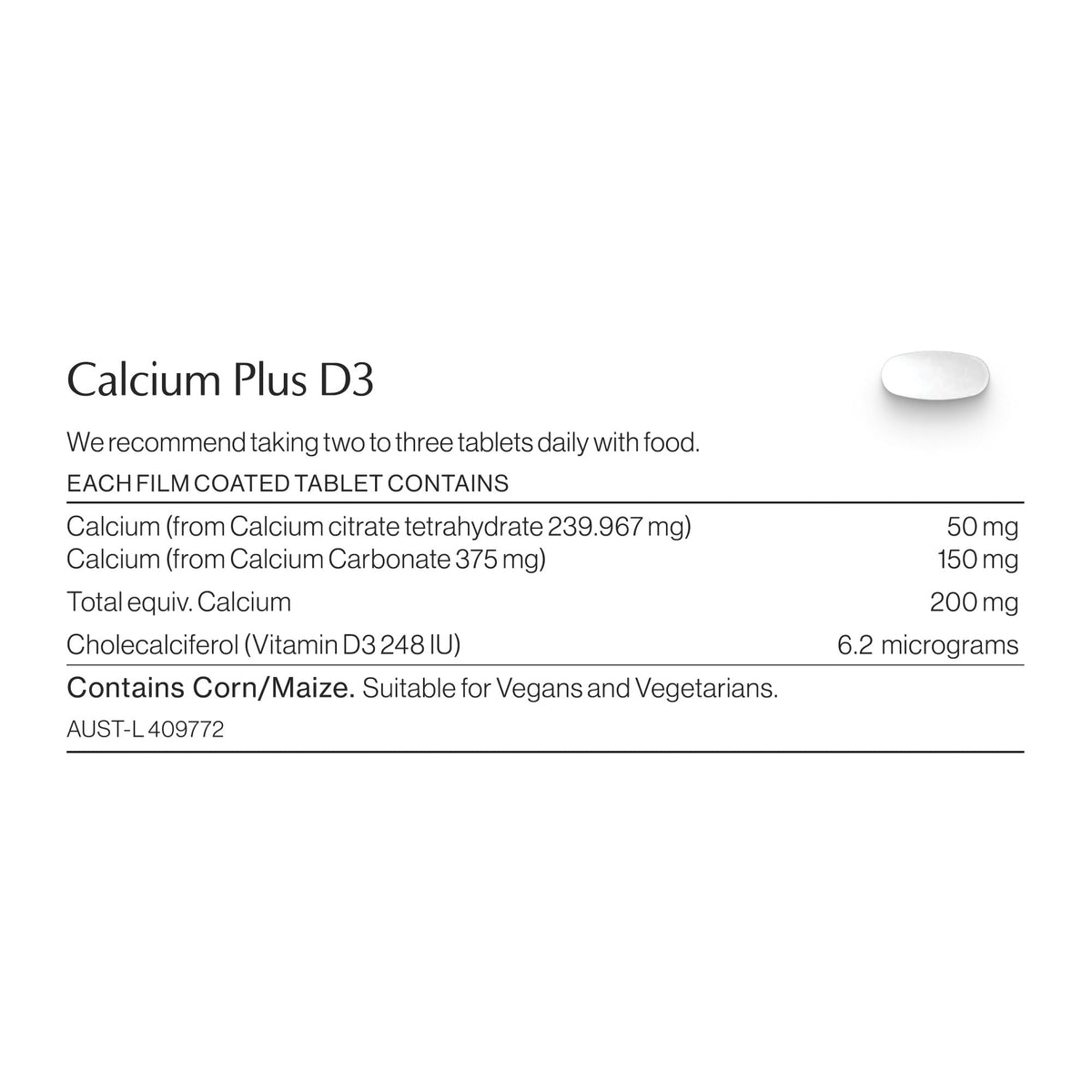 Calcium Plus D3 ingredients and nutritional information label