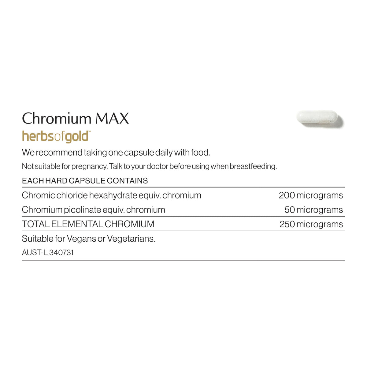 Chromium MAX ingredients and nutritional information label