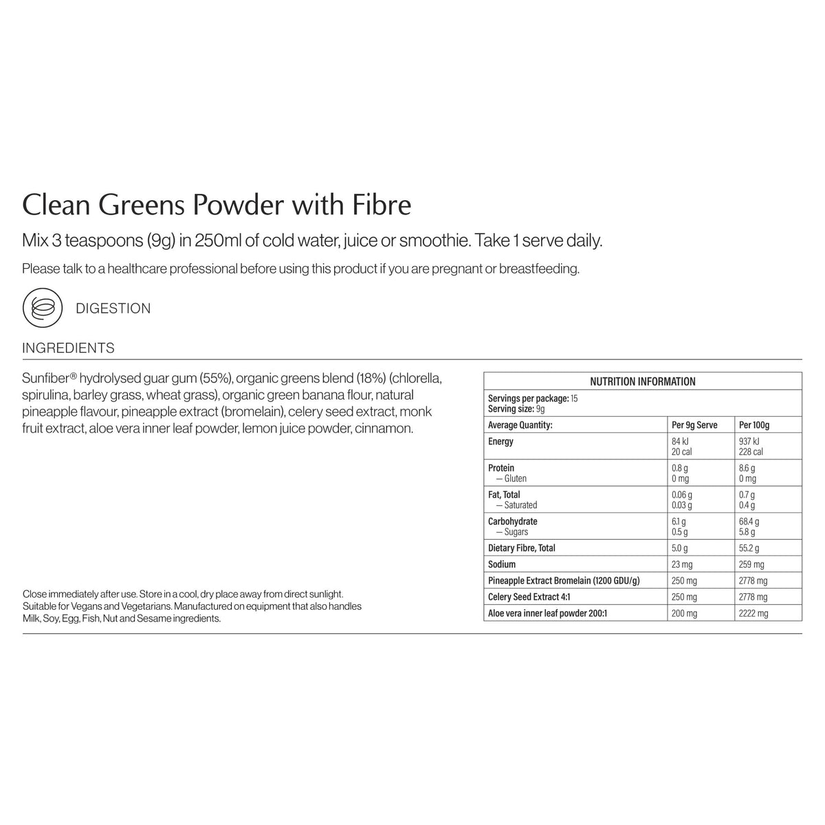 Clean Greens ingredients and nutritional information label