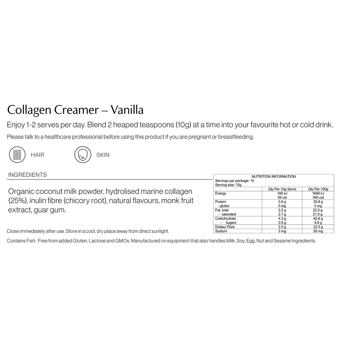 Collagen Creamer ingredients and nutritional information label