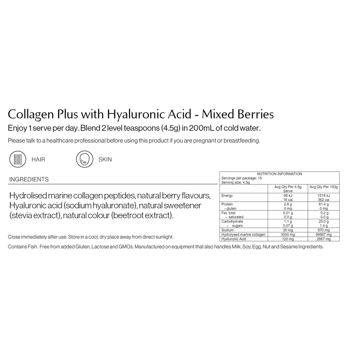 Collagen Plus Hyaluronic Acid ingredients and nutritional information label