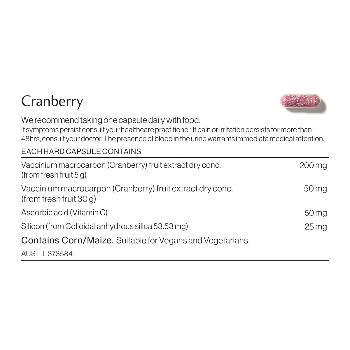 Cranberry ingredients and nutritional information label