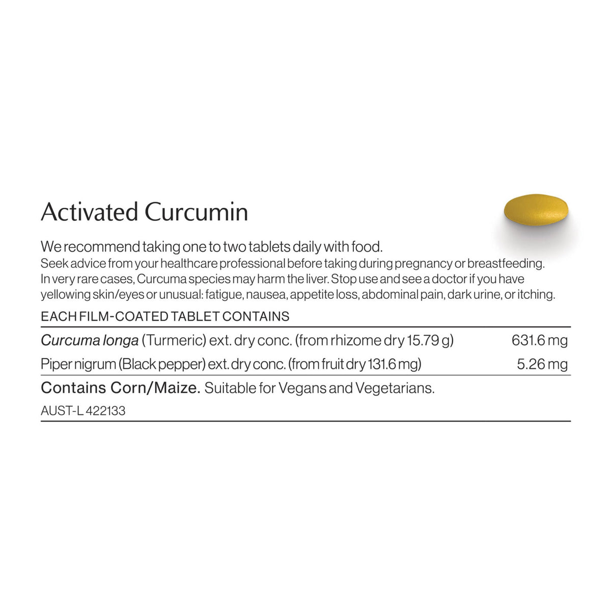 Activated Curcumin ingredients and nutritional information label