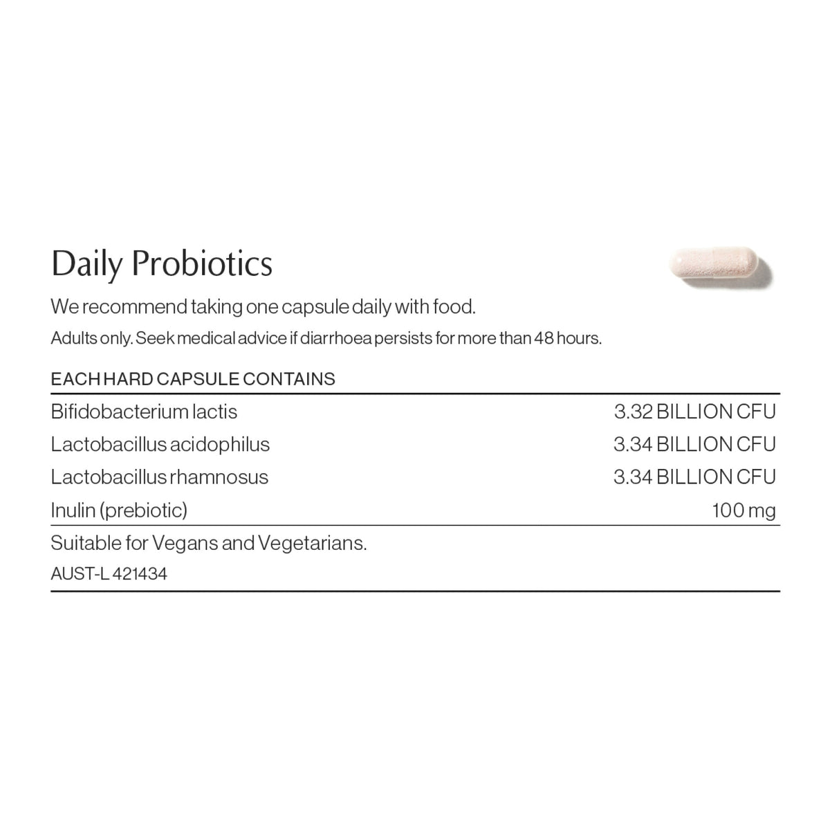Daily Probiotic ingredients and nutritional information label