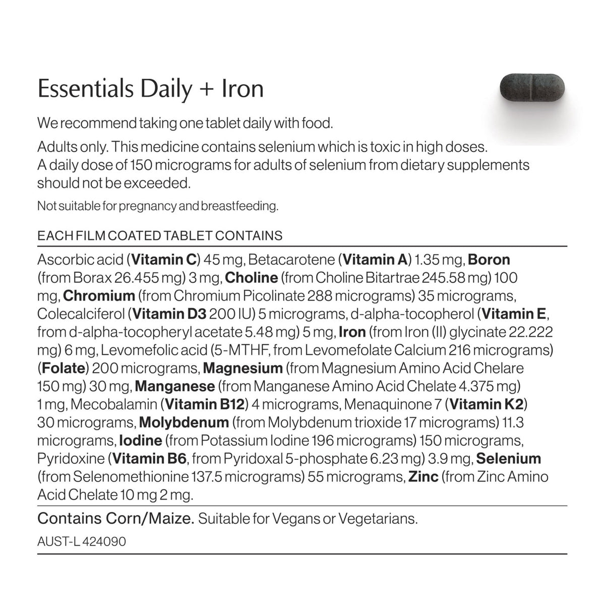 Essentials Daily + Iron ingredients and nutritional information label