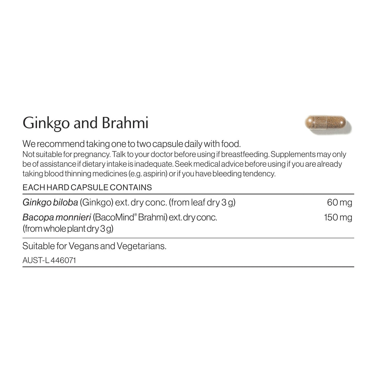 Ginkgo and Brahmi ingredients and nutritional information label