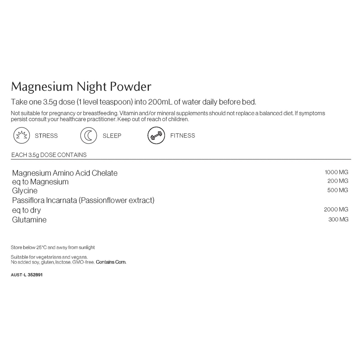 Magnesium Night Powder ingredients and nutritional information label