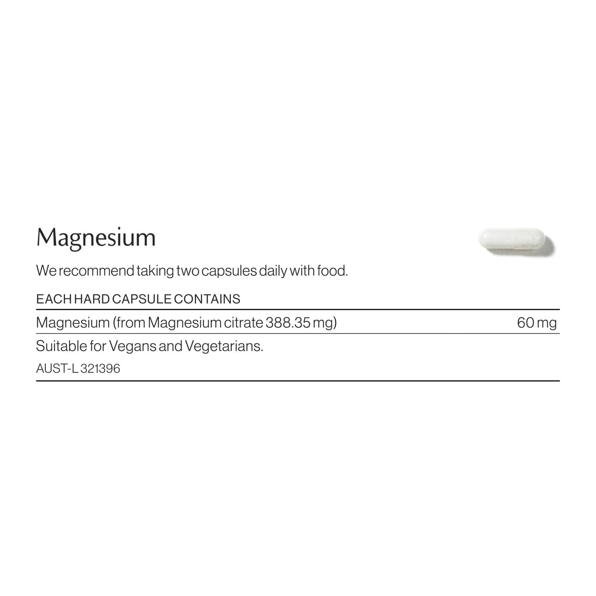 Magnesium ingredients and nutritional information label
