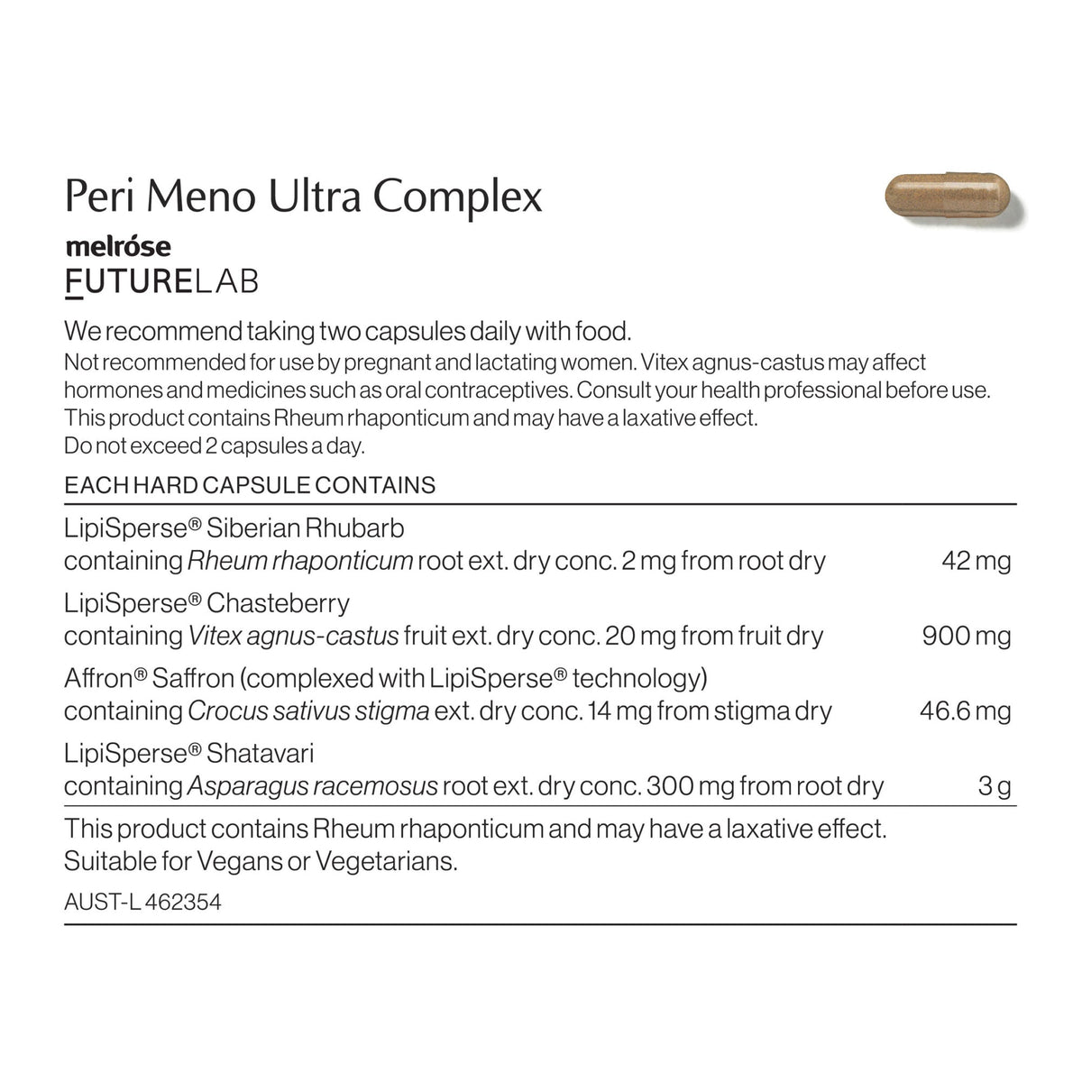 Peri Meno Ultra Complex ingredients and nutritional information label