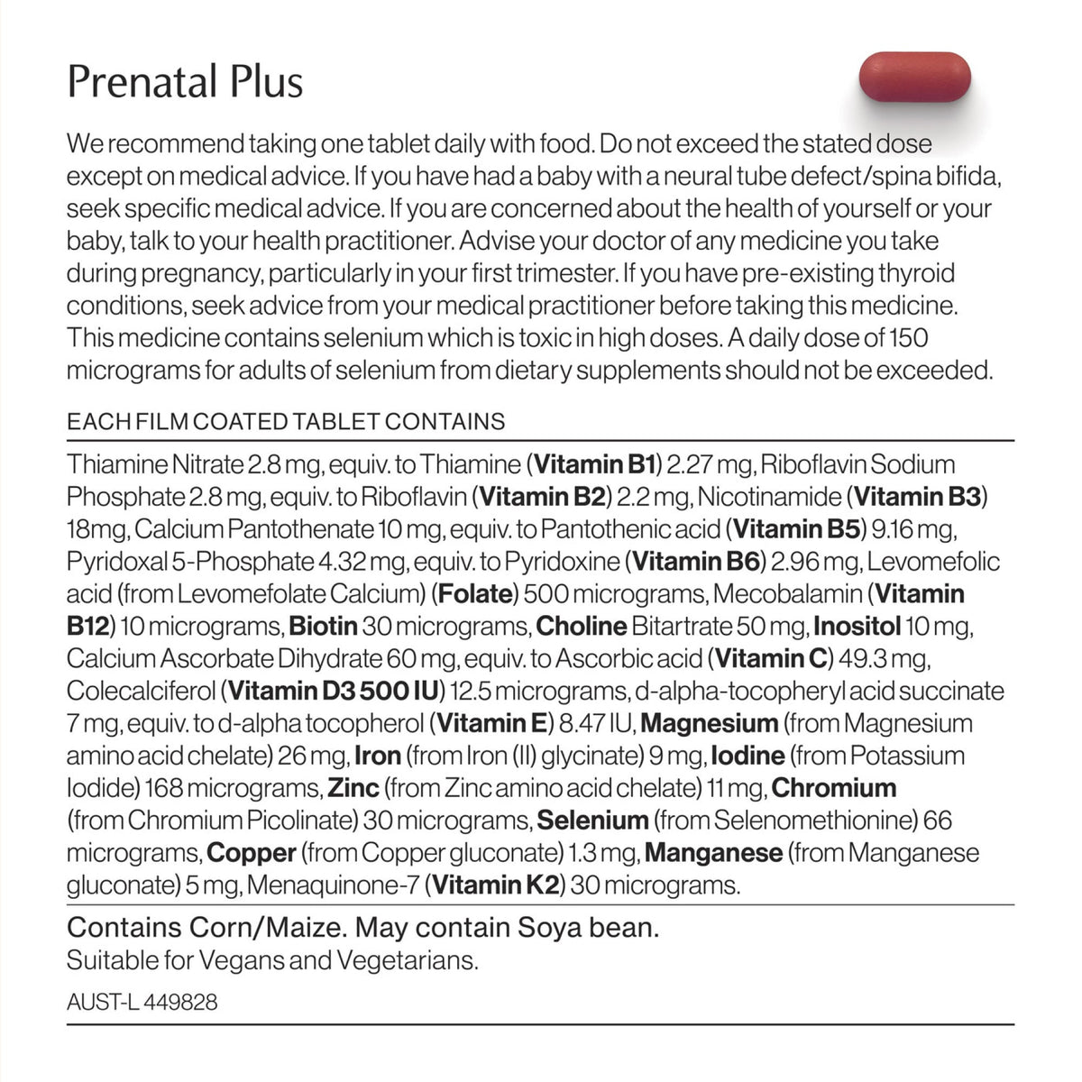 Prenatal Plus ingredients and nutritional information label