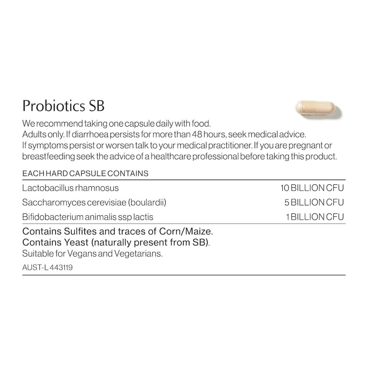 Probiotics SB ingredients and nutritional information label