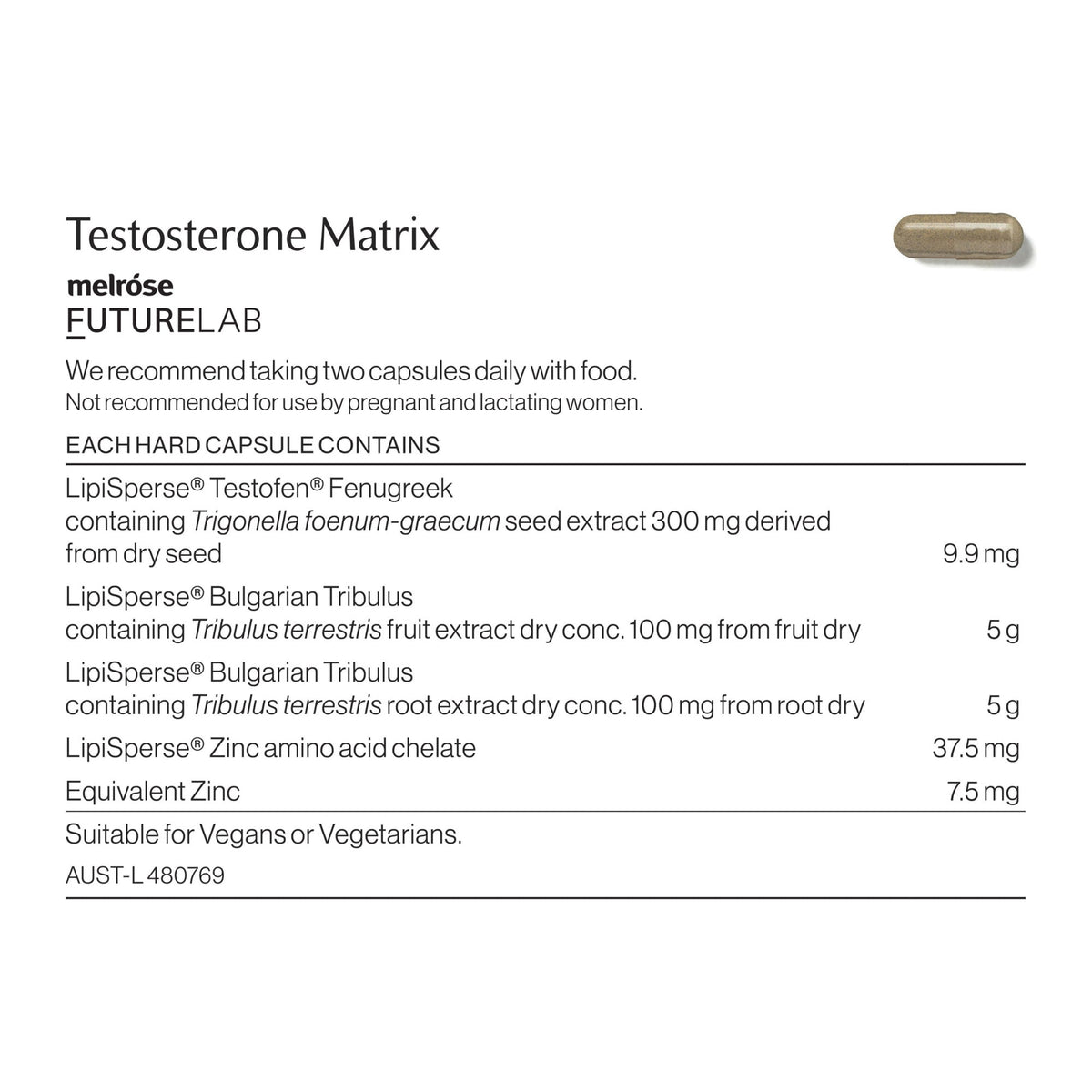Testosterone Matrix ingredients and nutritional information label