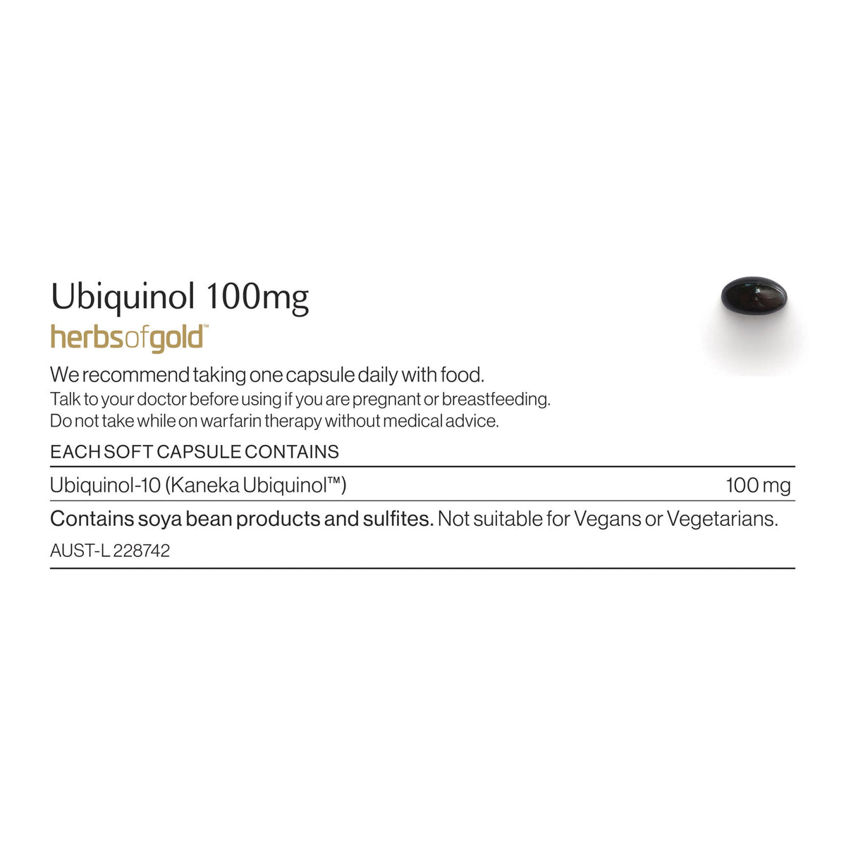 Ubiquinol (CoQ10) ingredients and nutritional information label