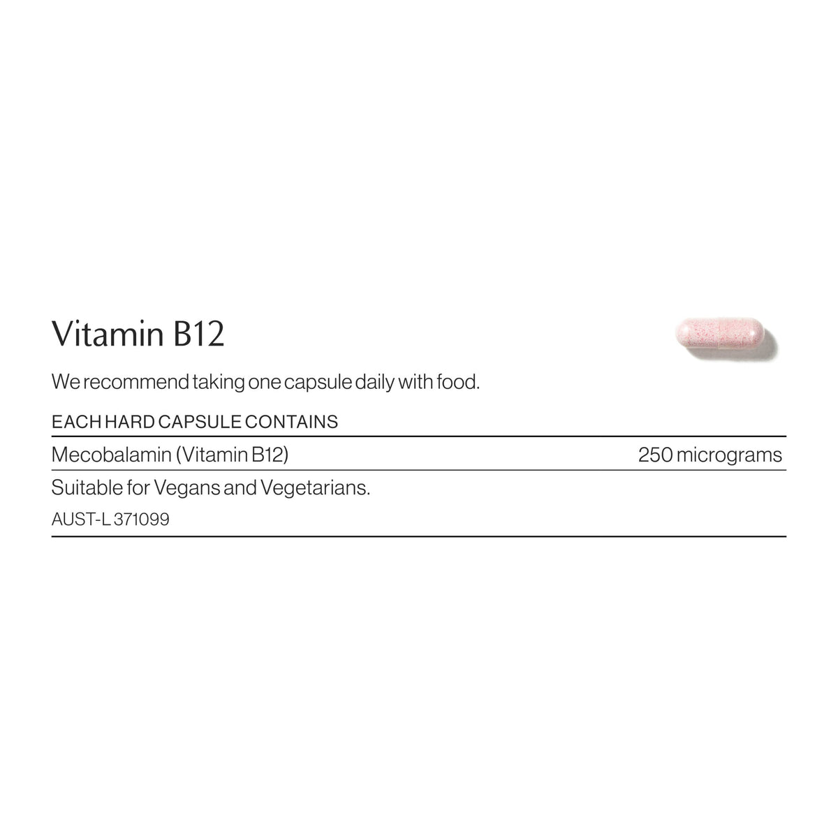 Vitamin B12 ingredients and nutritional information label