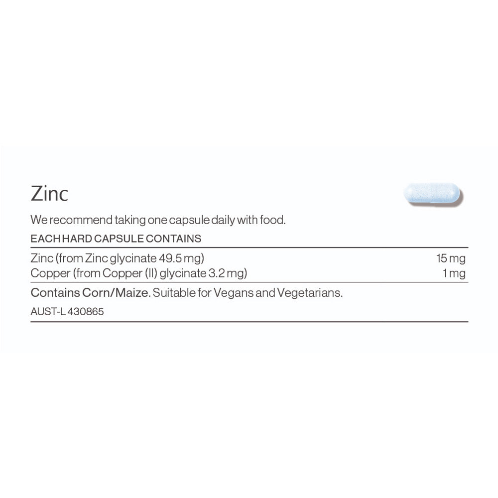 Zinc ingredients and nutritional information label